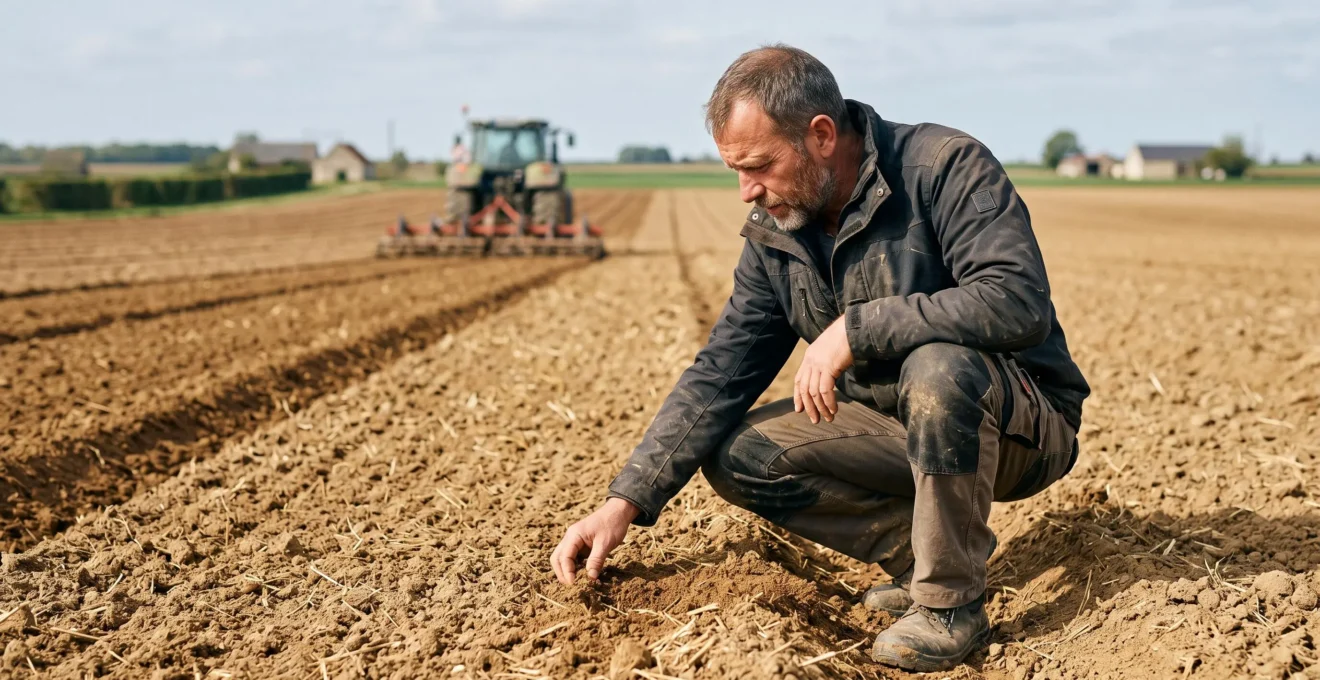 Agriculteur accroupi inspectant de près le sol fraîchement déchaumé, mélange terre-résidus de paille visible, déchaumeur en arrière-plan dans la parcelle