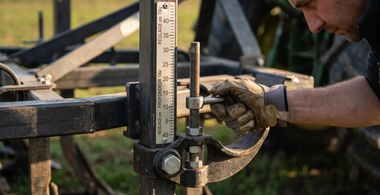 Main gantée d'un agriculteur ajustant le mécanisme de réglage de profondeur sur un déchaumeur à dents, échelle graduée en centimètres visible sur le châssis