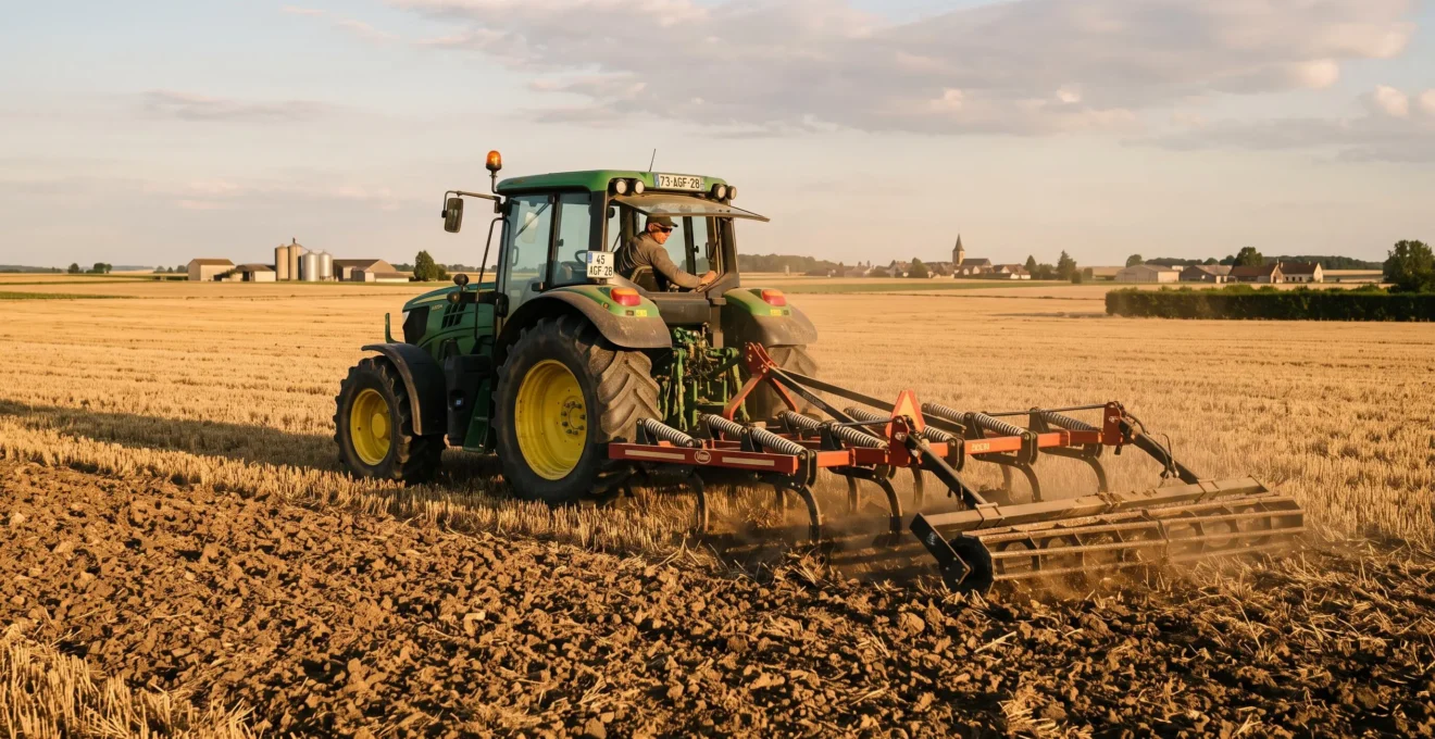 Tracteur moderne équipé d'un déchaumeur à dents progressant dans une parcelle de chaumes de blé en Beauce, le sol travaillé visible derrière l'outil, lumière dorée de fin de journée