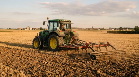Tracteur moderne équipé d'un déchaumeur à dents progressant dans une parcelle de chaumes de blé en Beauce, le sol travaillé visible derrière l'outil, lumière dorée de fin de journée